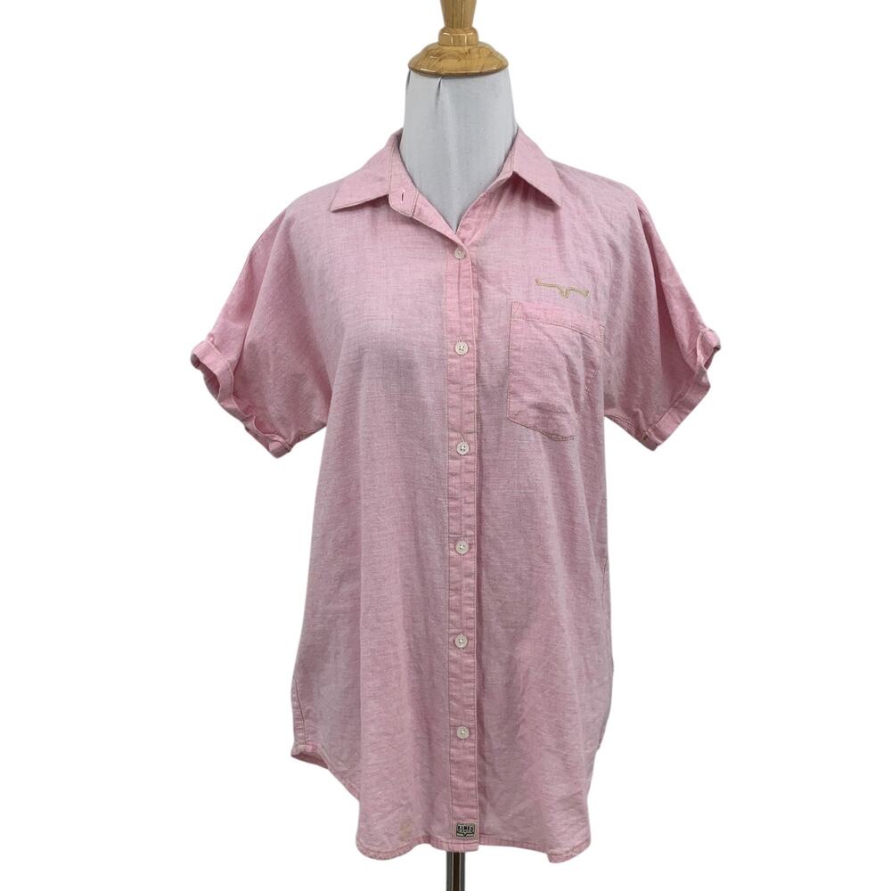 Kimes Ranch Shirt Womens L Large Bellini Cotton Button Up Cuffed Short Sleeve